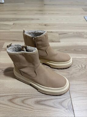 Zara Tan Leather-Look Ankle Boots with Cream Soles